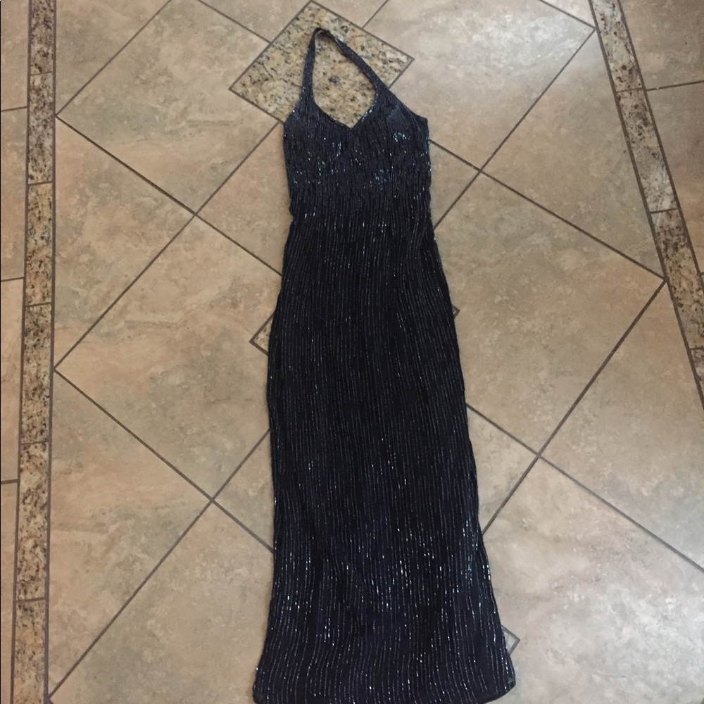 Beaded floor length ball gown black halter top